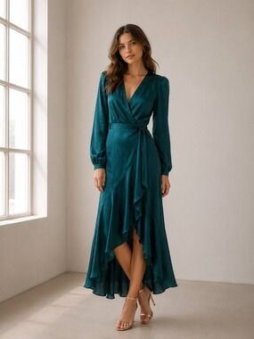 Express Teal Wrap Maxi Dress Long Sleeve Ruffle Hem Wedding Guest Dress 0715